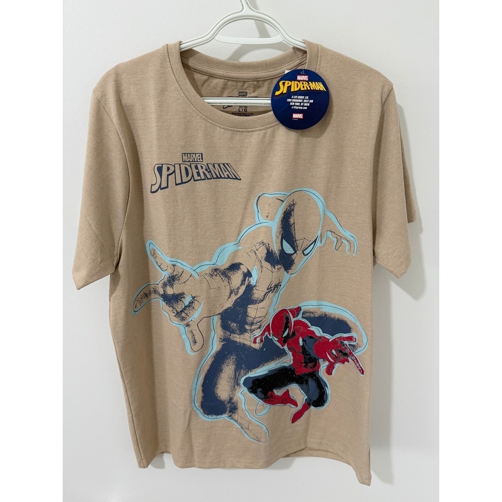 Marvel Spider-Man Graphic T-Shirt Men Large Tan NWT Crewneck Short Sleeve Tee